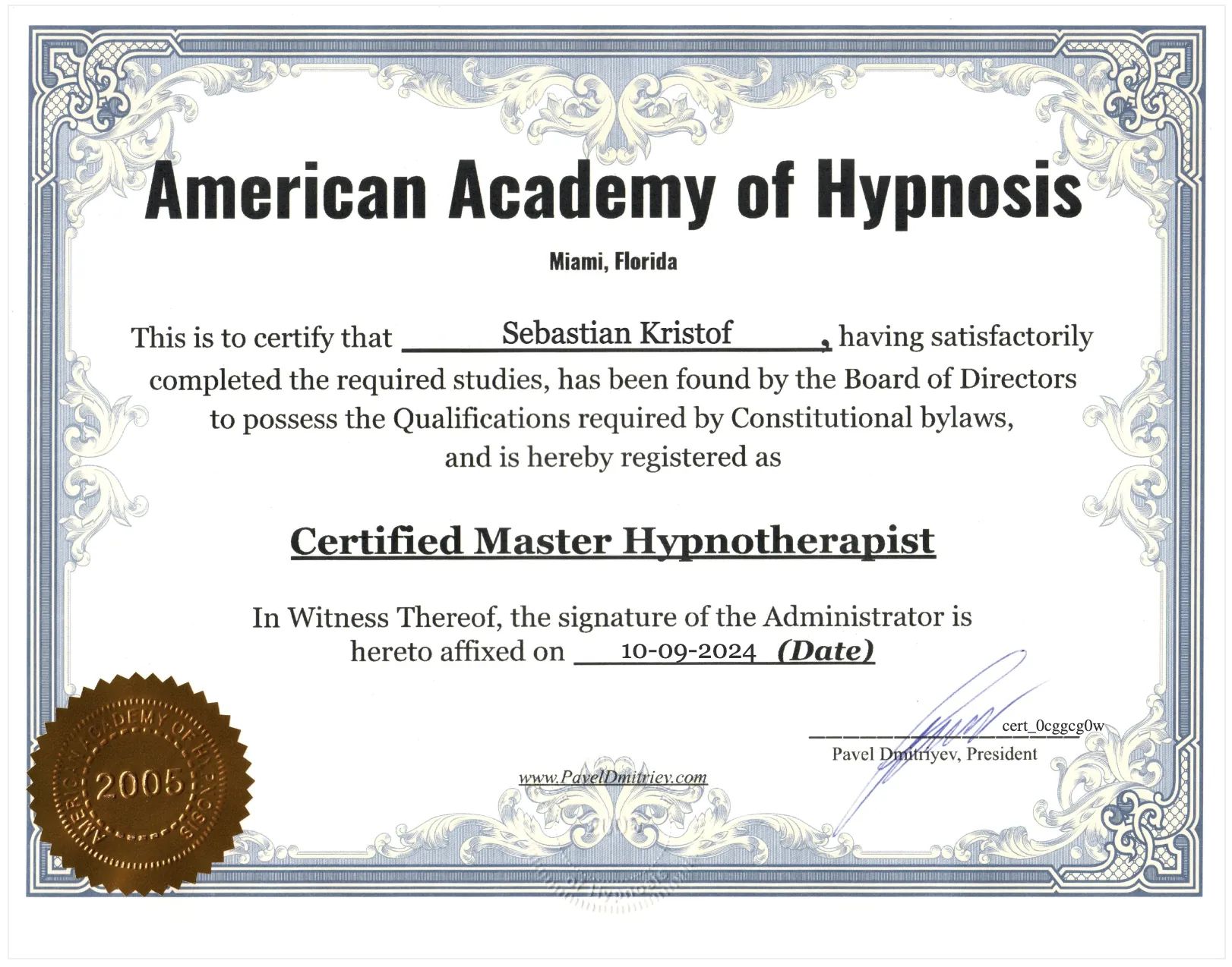 Certified Master Hypnotherapist Certificate