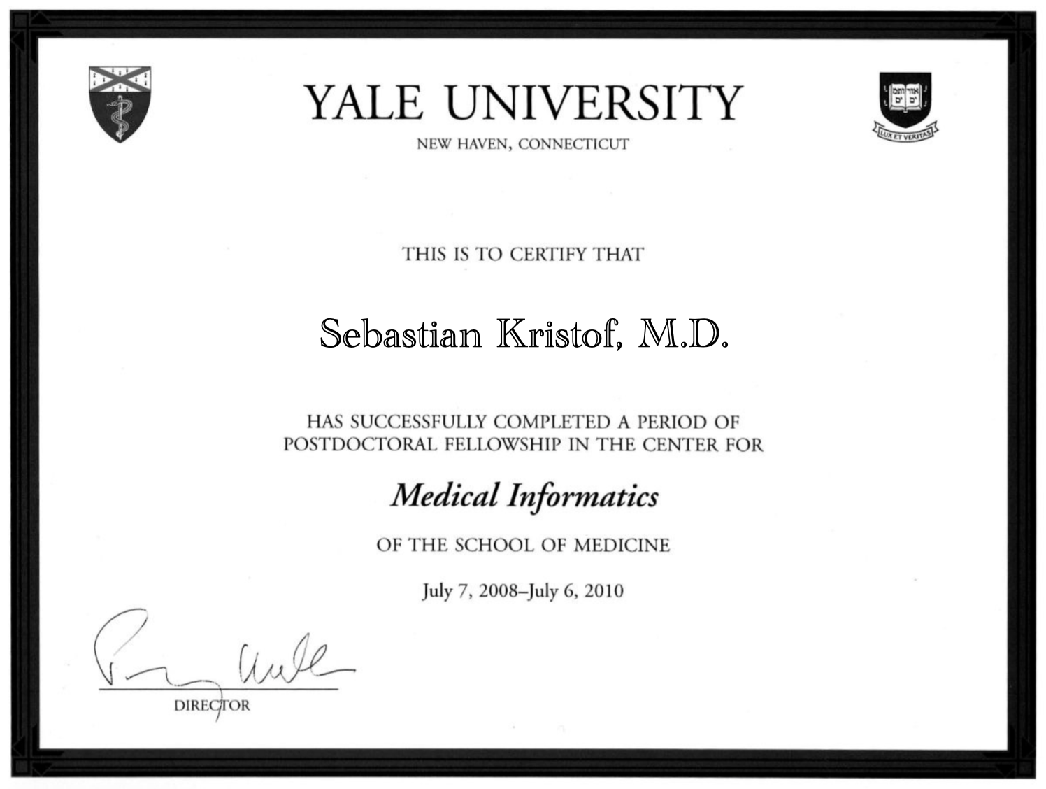 Yale University Postdoctoral Fellowship Certificate
